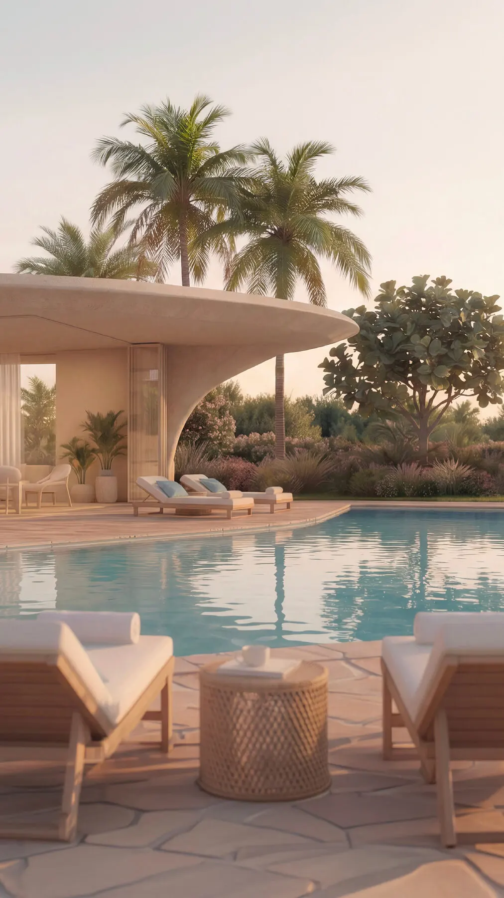 Poolside villa terrace at Hacienda Ras El Hekma, palm trees and evening light