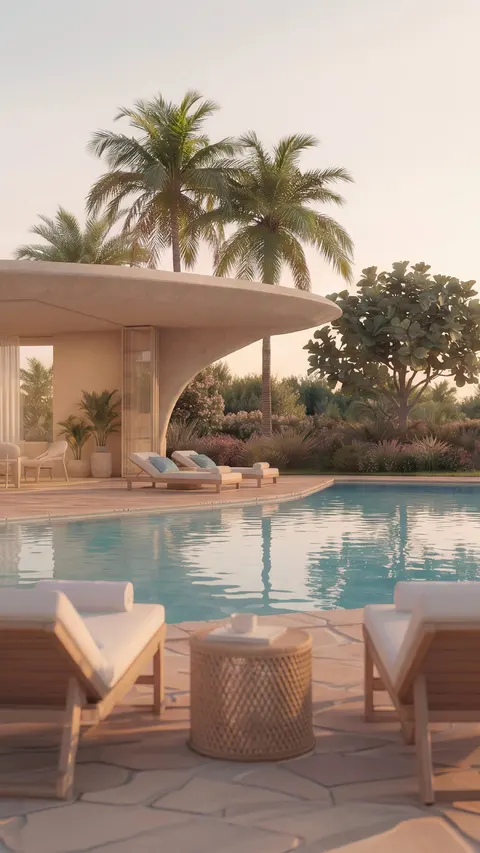 Poolside villa terrace at Hacienda Ras El Hekma, palm trees and evening light