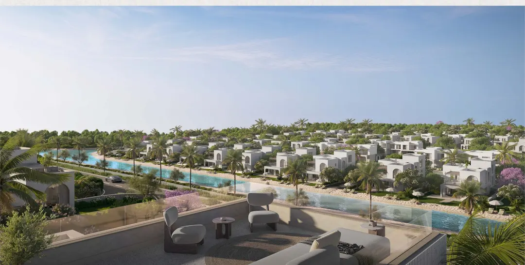 Aerial, lagoon and villascape at The Med