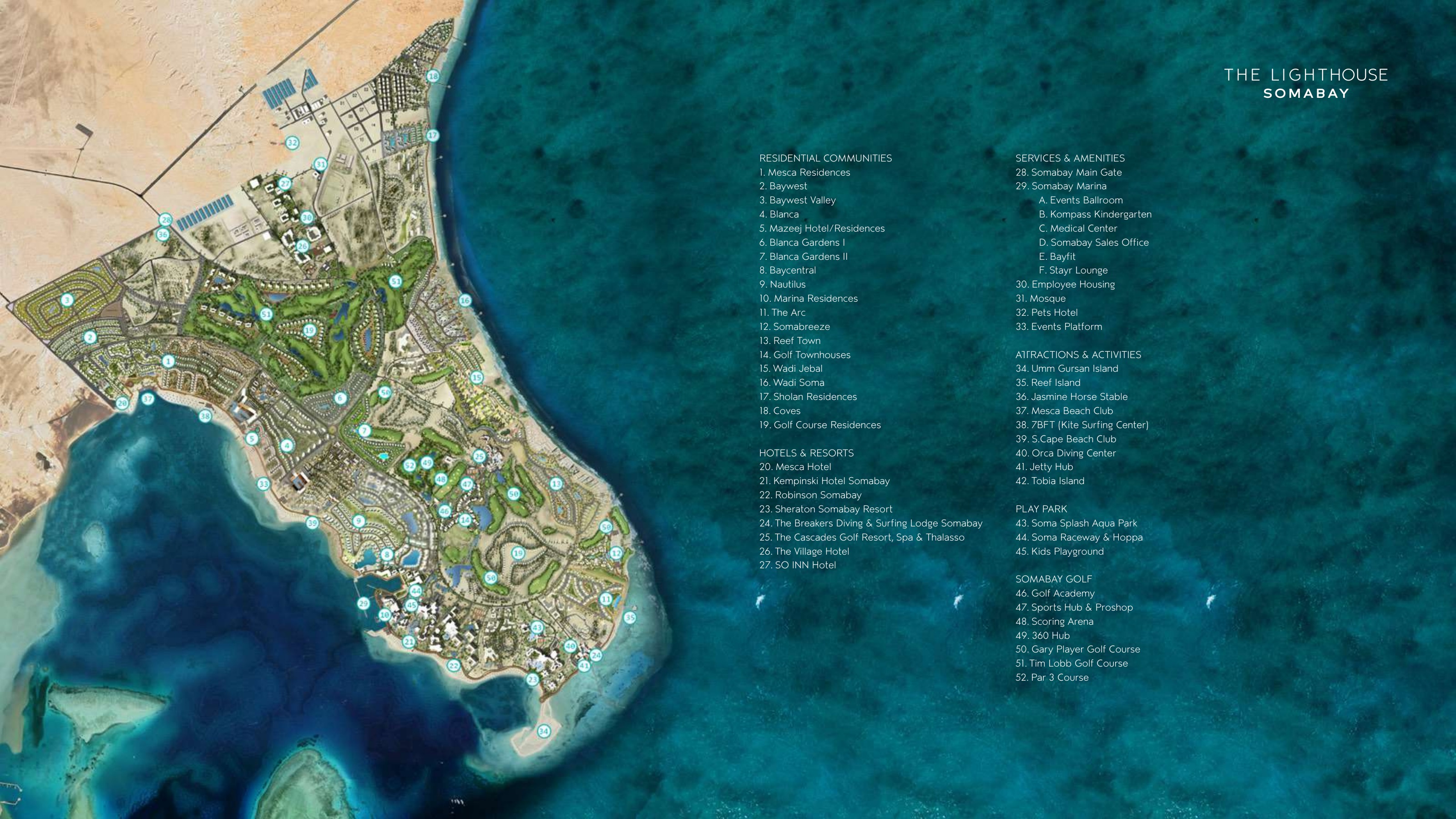 Somabay masterplan over a satellite view of the peninsula, with numbered residential communities, hotels, golf courses and the marina marked along the Red Sea coastline.