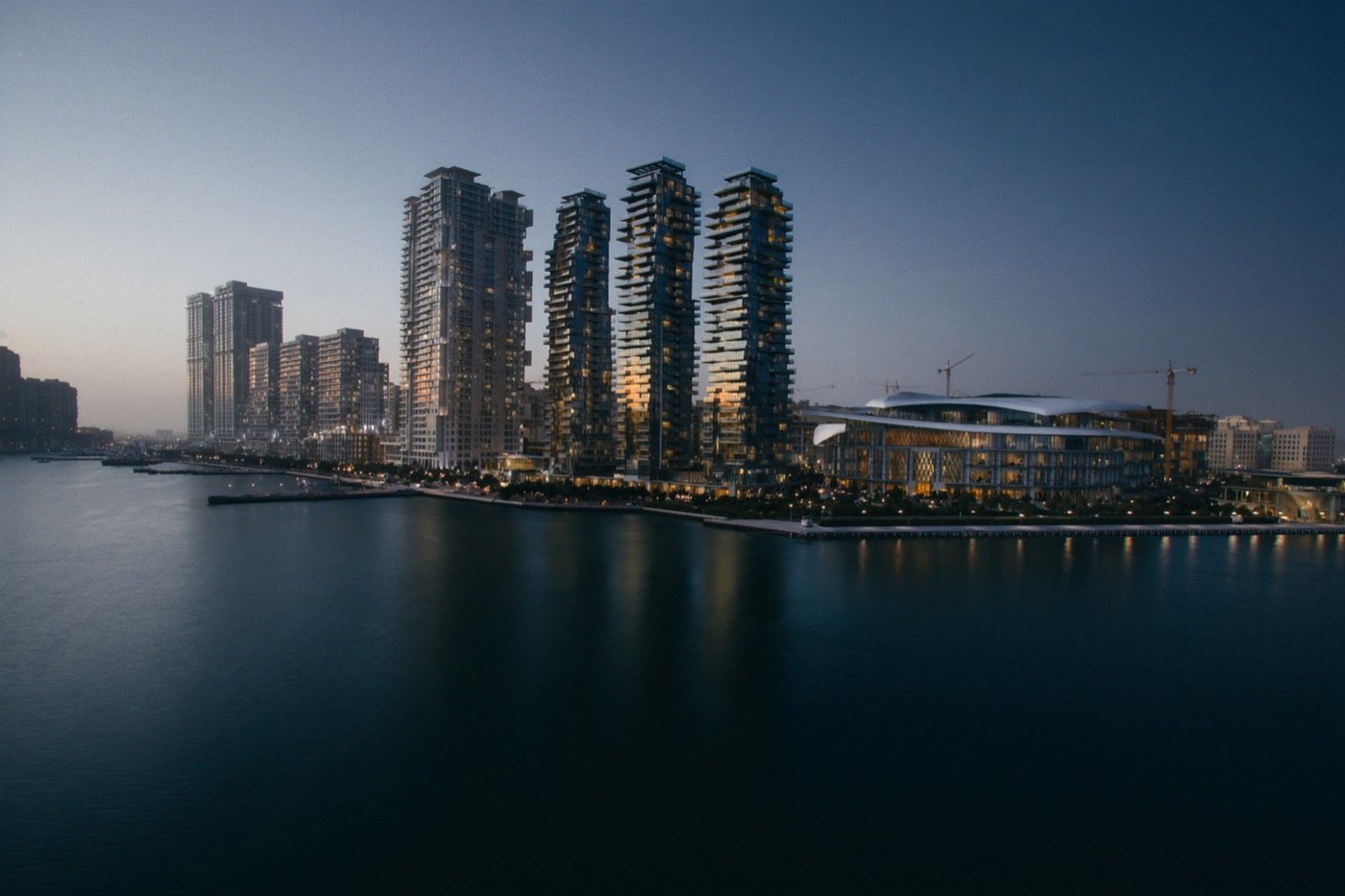 Waterfront residential towers at dusk